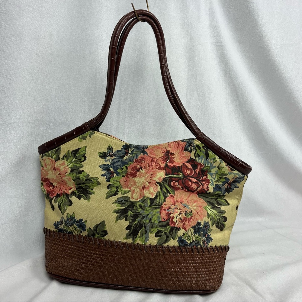 Stone Mountain Large Floral Satchel Shoulder Bag Purse Canvas Brown Faux Leather